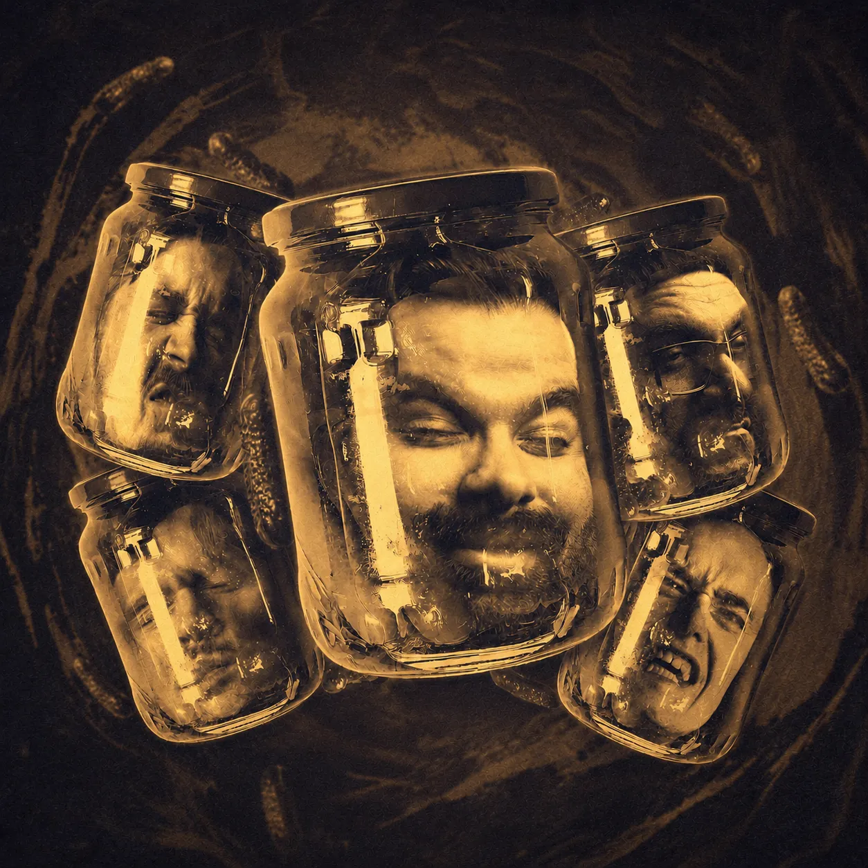 The five members of Midnight Mojo, their faces sealed inside glass pickle jars in sepia tones